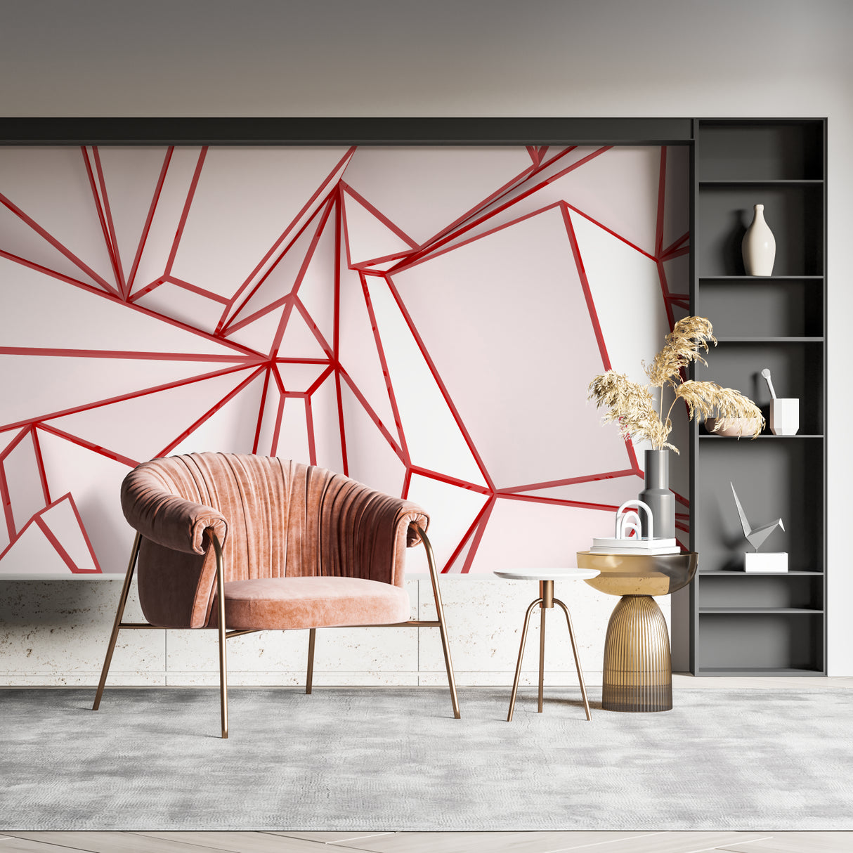 Red geometric wallpaper adding dynamic style to a contemporary home office space