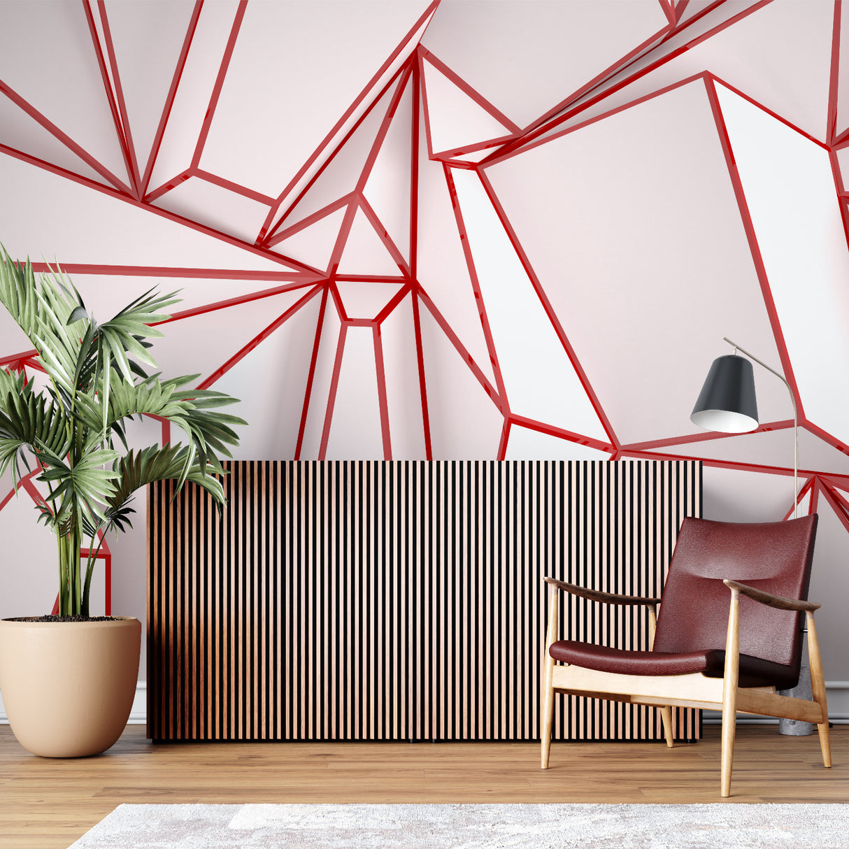 Geometric red and white wallpaper making a statement in an art gallery style hallway