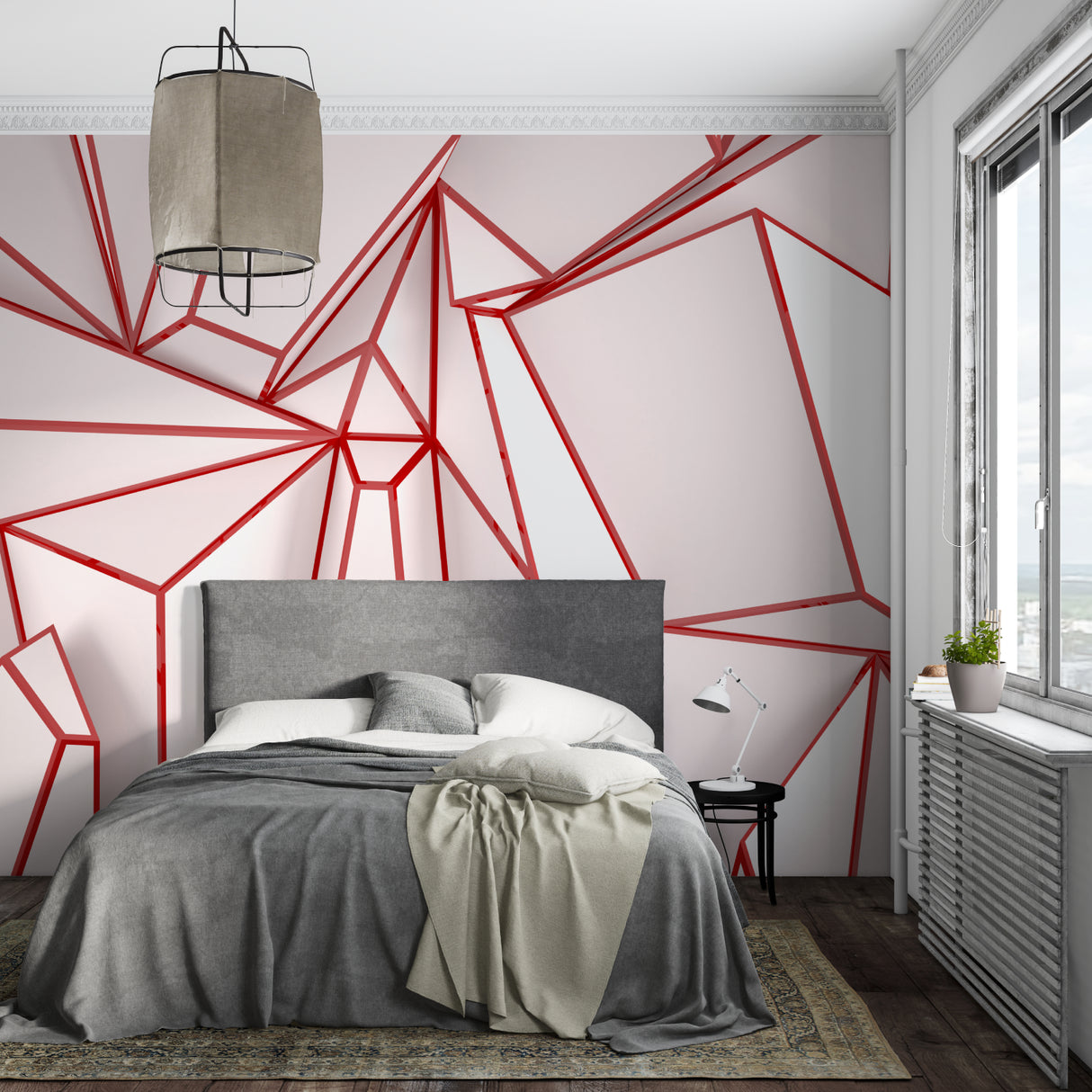 Abstract red line wallpaper creating visual interest in a modern bedroom setup