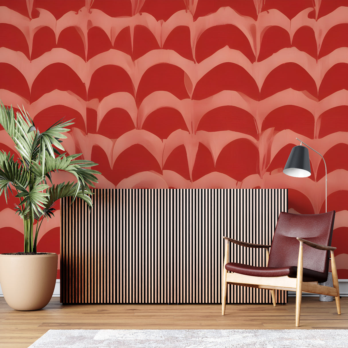 Modern red wave geometric wallpaper in a bright living room setting with contemporary furniture