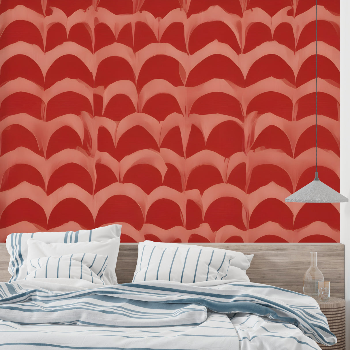 Red geometric wave pattern mural creating dynamic flow in a minimal dining room