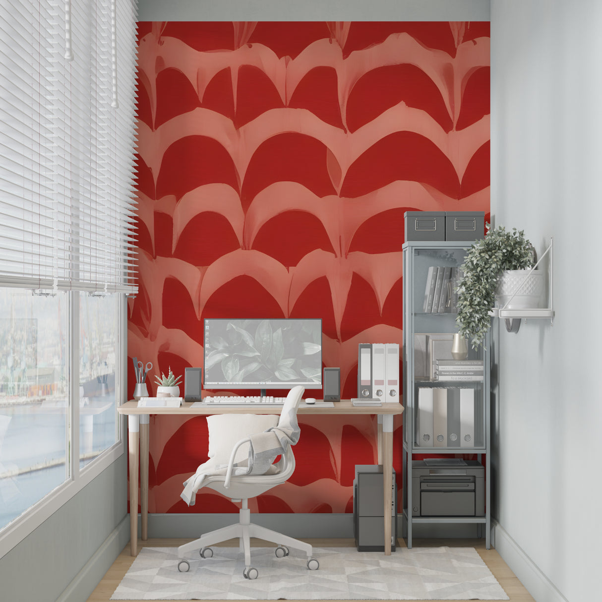 Wave pattern red wallpaper transforming a modern office space with bold design