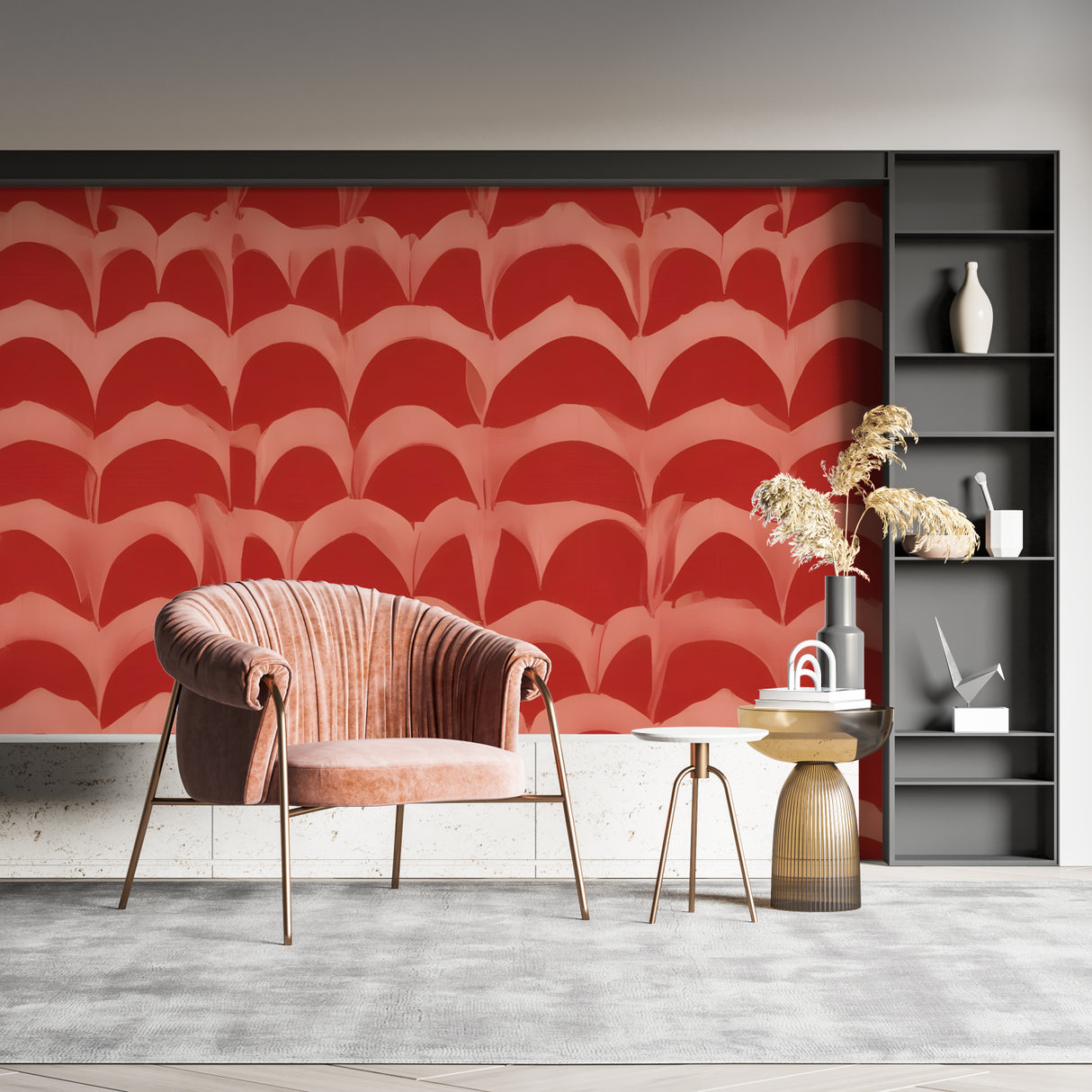 Red wave pattern accent wall in a stylish home entrance hallway