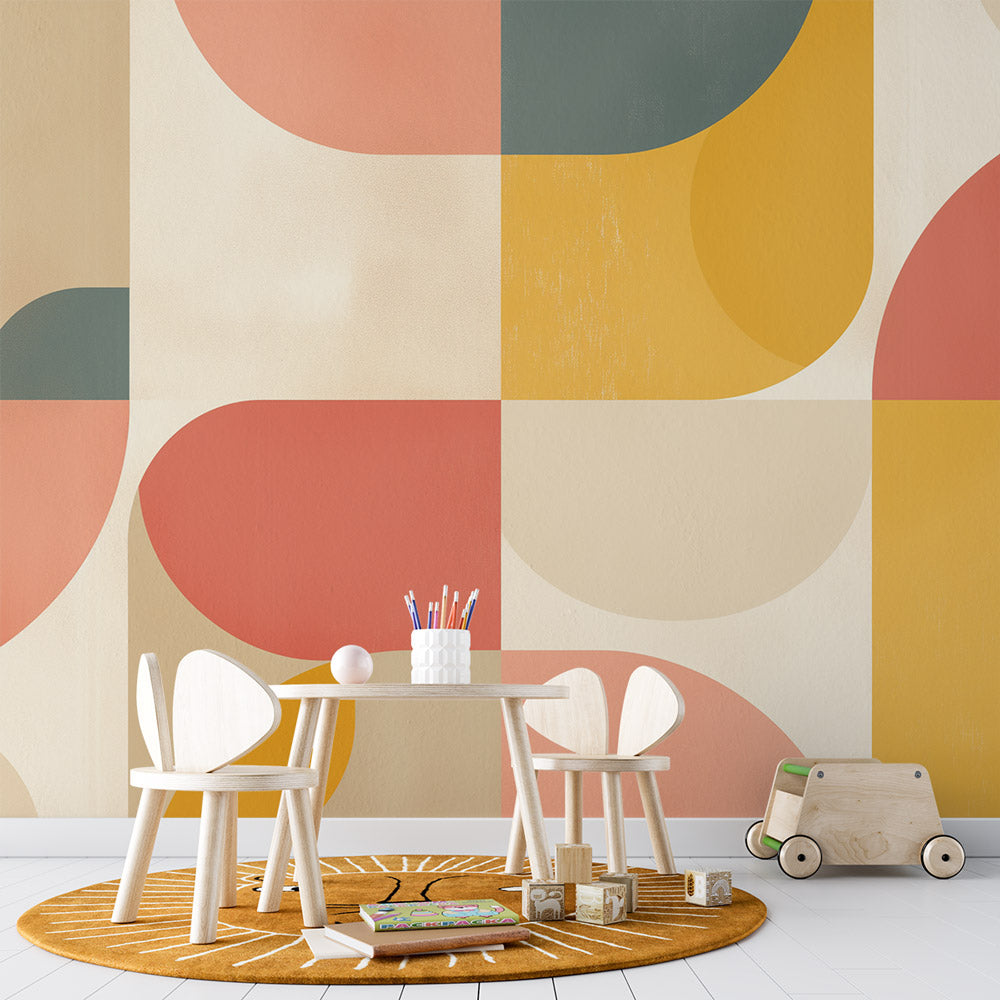 Geometric wallpaper mural with retro curves bringing warmth to a modern living room setting
