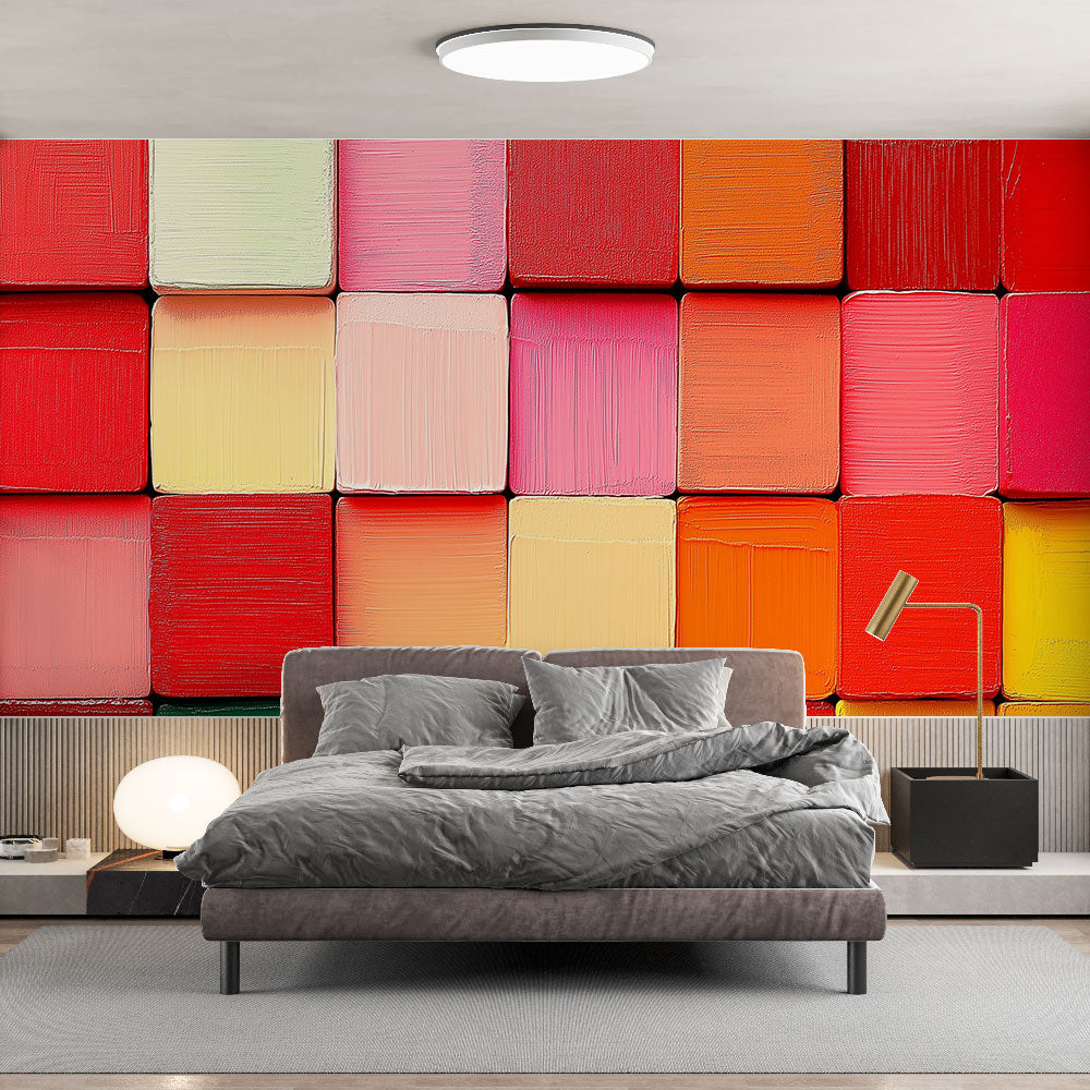 Modern geometric square pattern wallpaper in warm tones showcased in a bright, contemporary living room setting