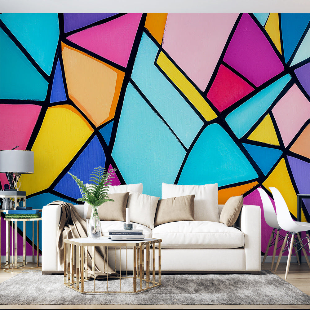 Modern geometric wallpaper bringing bold color to a minimalist living room with clean lines and contemporary furniture