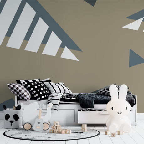 Modern geometric wallpaper in contemporary living room showing angular patterns in soft grey and taupe tones