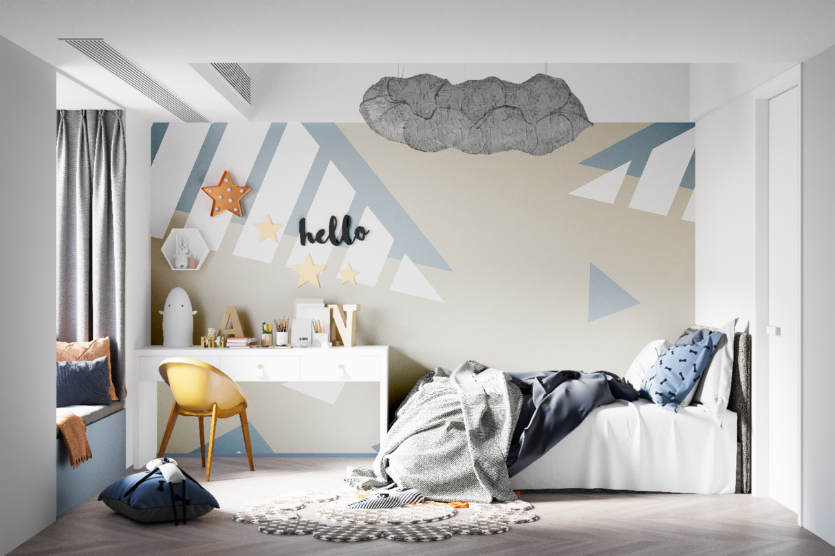 Modern grey geometric wallpaper in stylish bedroom setting with natural light