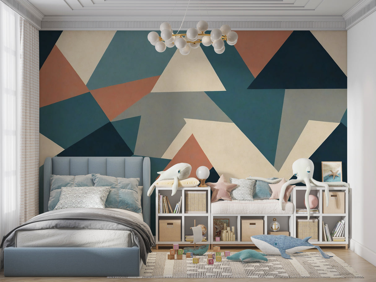 Modern geometric wallpaper in teal and terracotta creating a bold statement in a minimalist living room