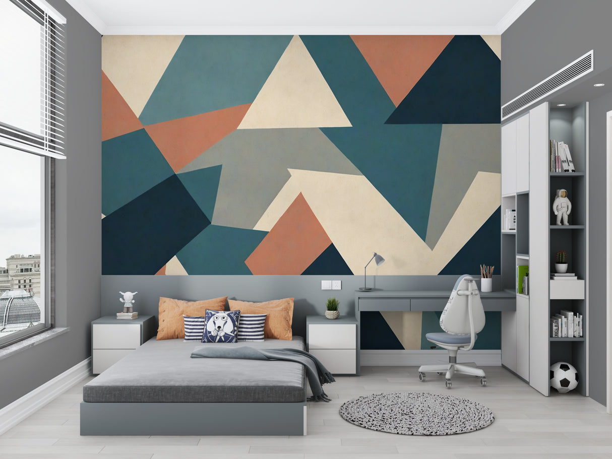 Contemporary home office featuring geometric pattern wallpaper with angular shapes