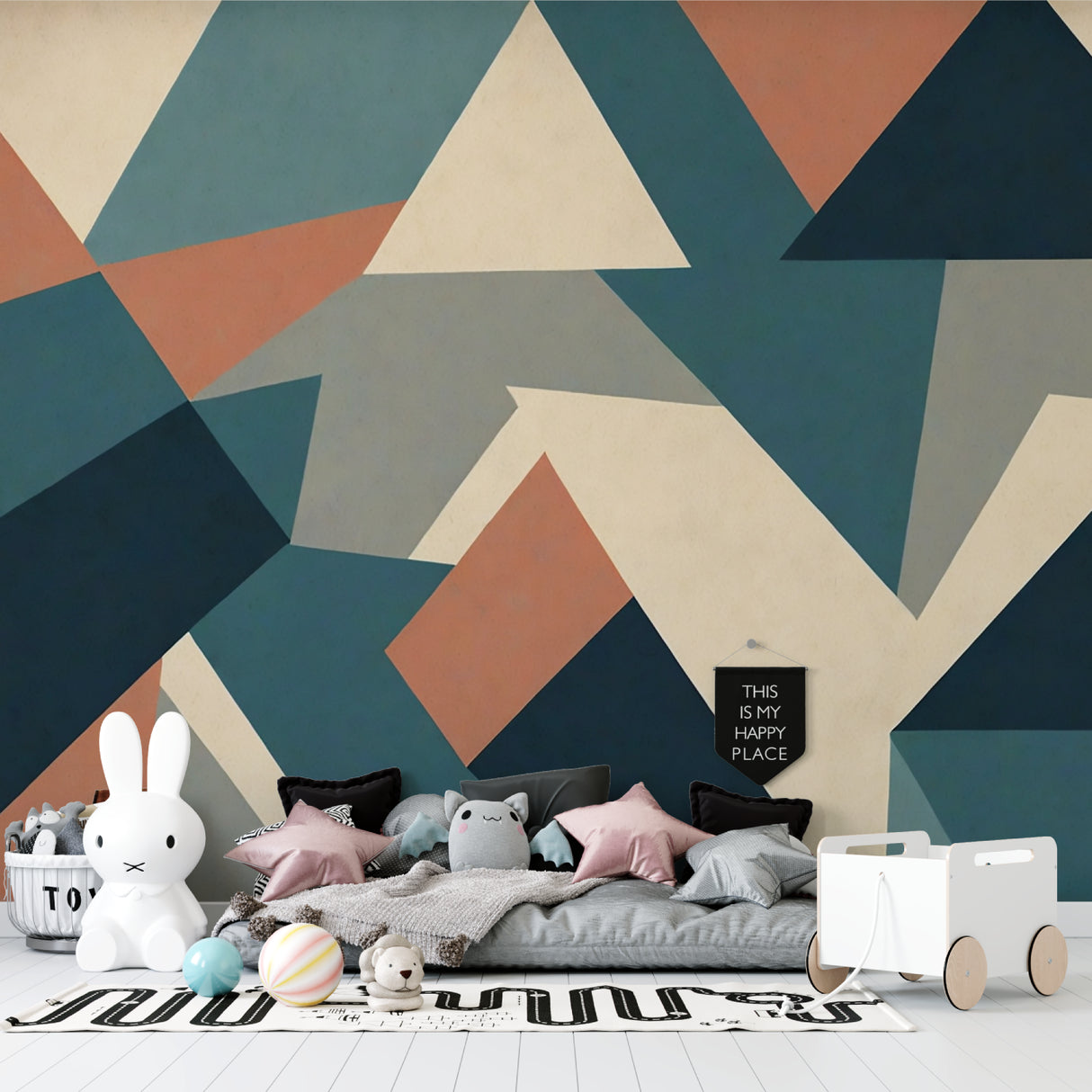Geometric wall mural bringing modern style to a dining room space