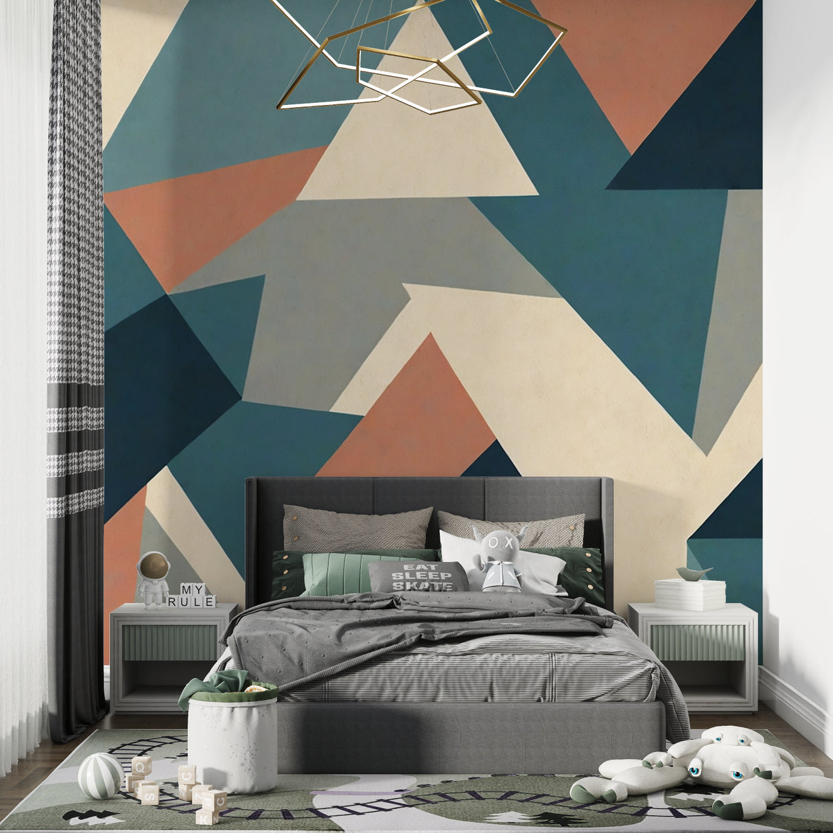 Abstract geometric wallpaper design making a statement in bedroom decor