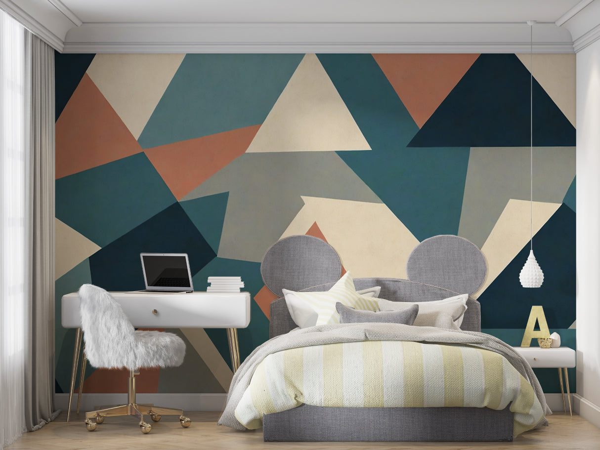 Modern geometric pattern transforming an entrance hallway with teal and terracotta tones