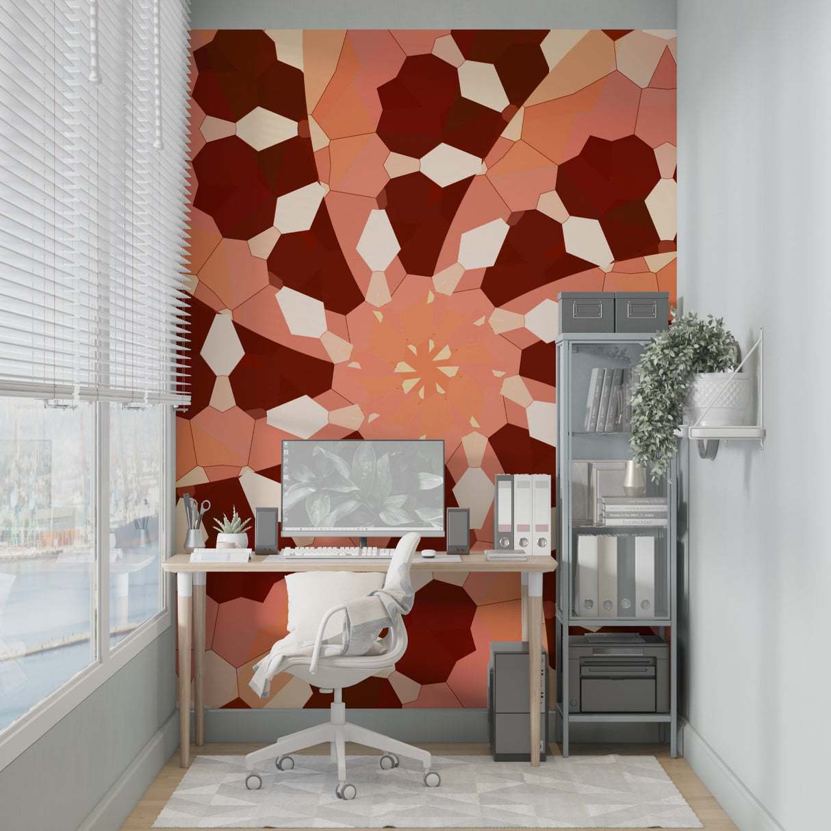 Modern geometric wallpaper in terracotta tones transforming a minimalist living room with warm, hexagonal patterns