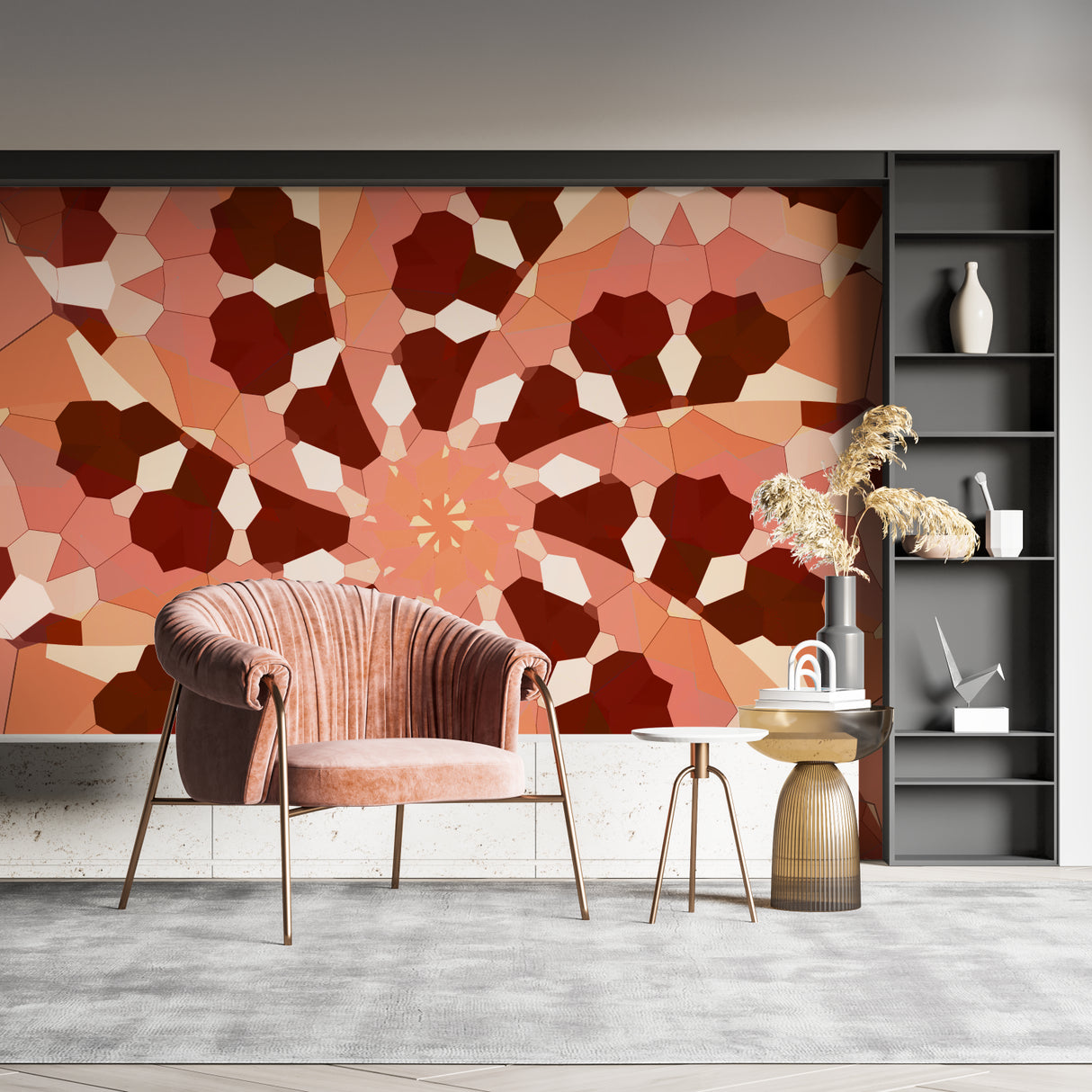 Terracotta geometric wall mural creating a stunning backdrop in a contemporary home office