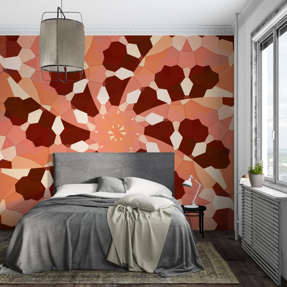 Abstract geometric pattern wallpaper adding warmth to a modern dining room space