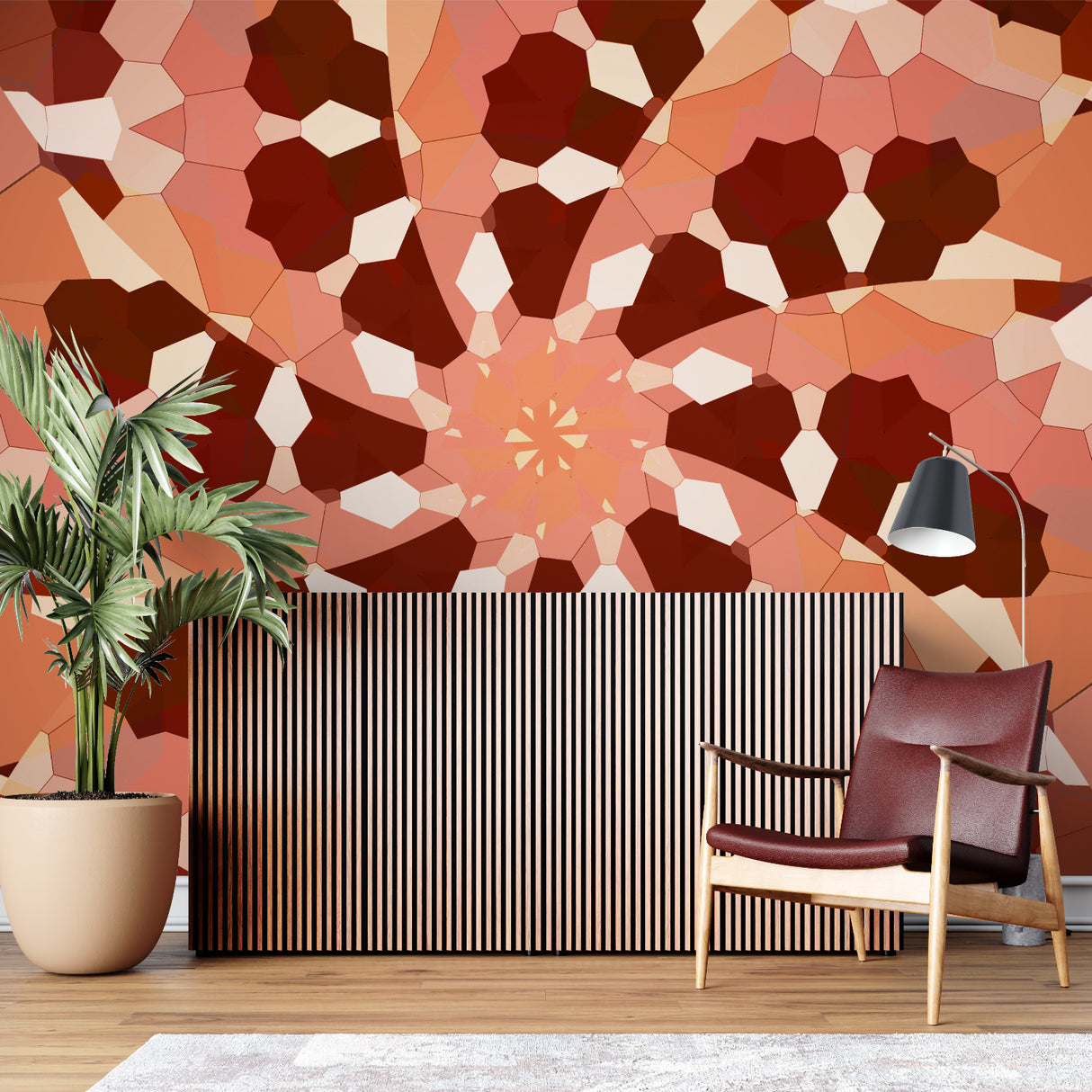 Geometric wallpaper featuring honeycomb shapes in a stylish bedroom setting
