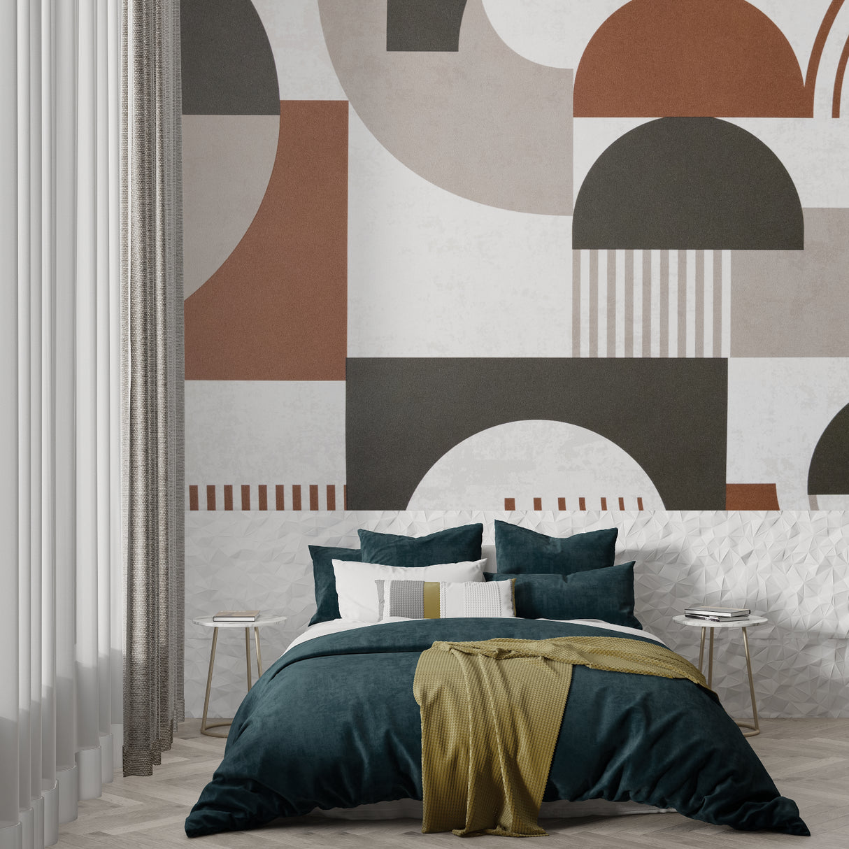 Abstract geometric wallpaper creating statement wall in bedroom