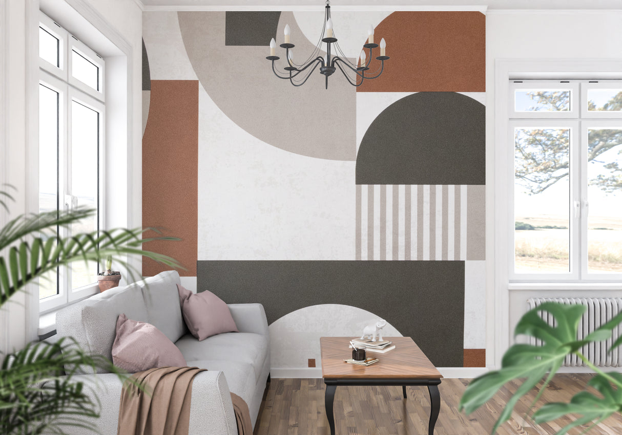 Abstract geometric wallpaper with terracotta and grey patterns in a modern home office