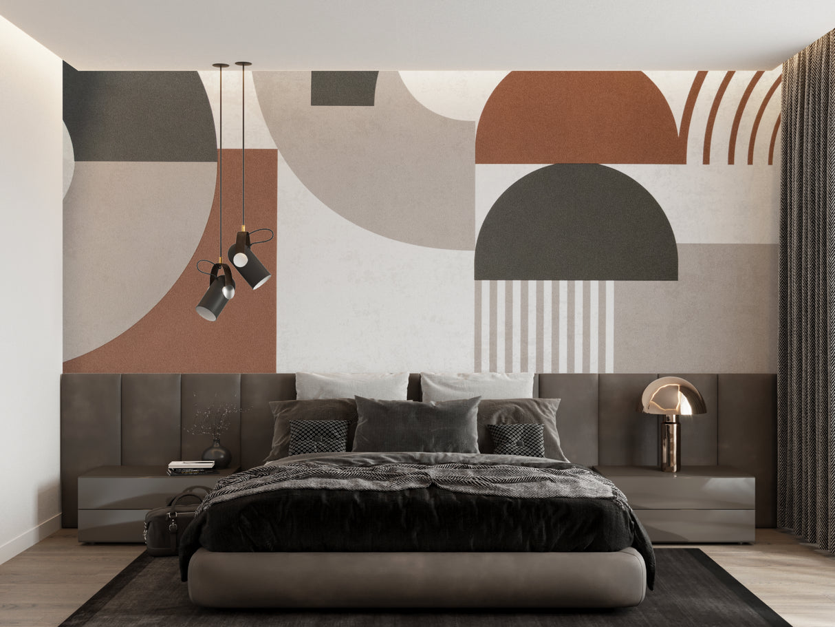 Modern geometric wall design showing scale and pattern in a contemporary bedroom