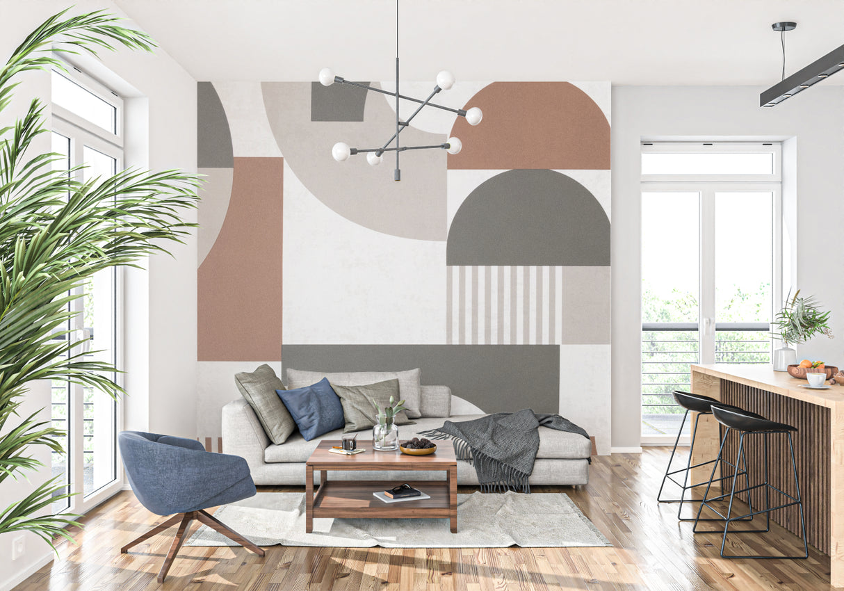 Geometric pattern wallpaper creating depth in a modern entryway with natural light