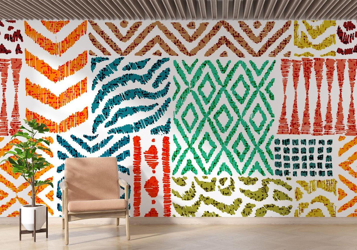 Tribal pattern wallpaper bringing color to dining room with wooden furniture