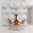 Modern geometric wallpaper in minimalist living room showing flowing grey patterns