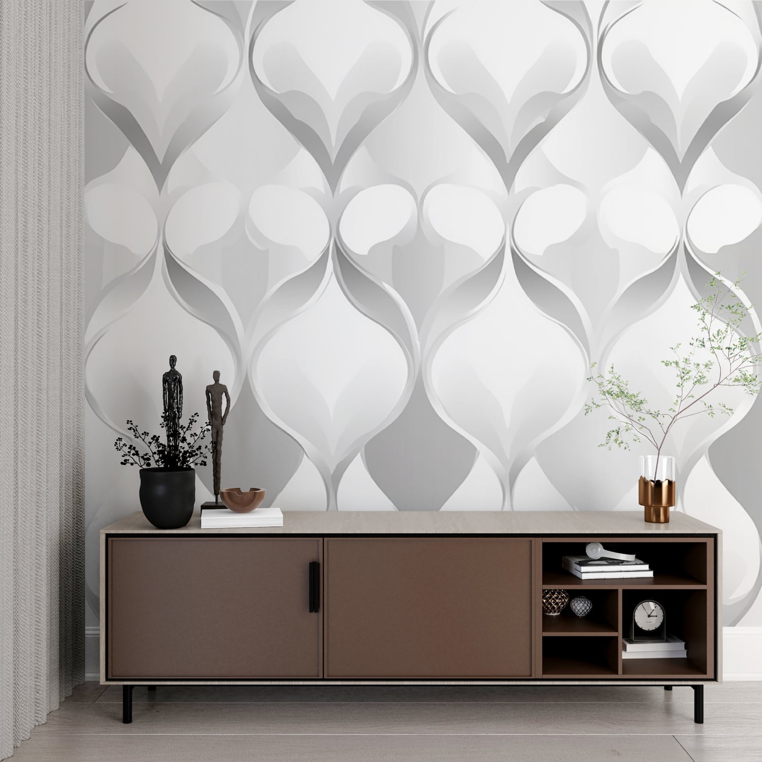 Grey geometric wall mural creating depth in modern office space