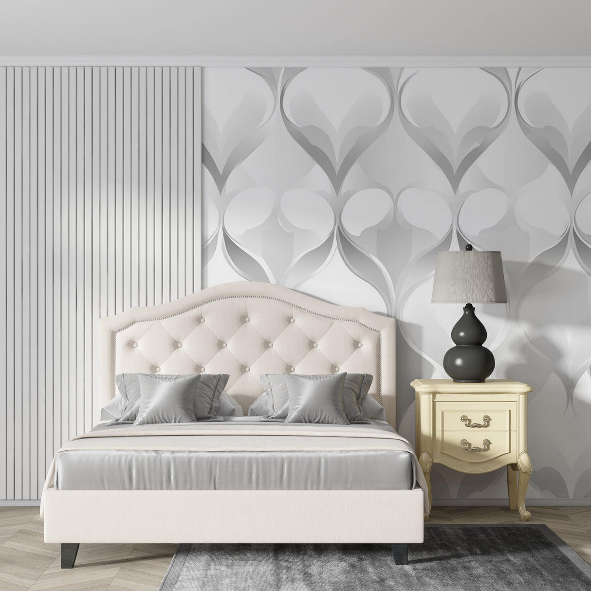 Contemporary geometric pattern wallpaper in stylish dining room