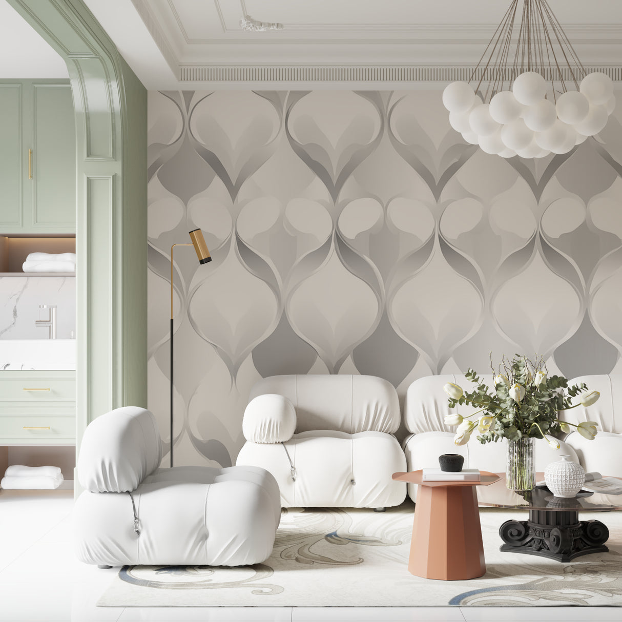 Modern grey geometric wallpaper enhancing bedroom wall