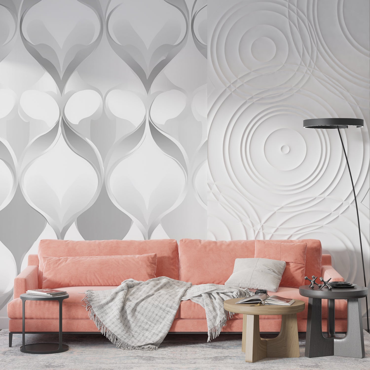 Abstract geometric mural in modern hallway setting