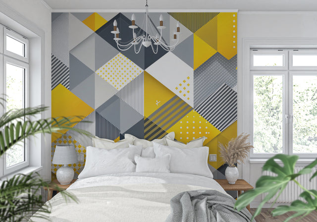 Modern Geometric Wallpaper creating bold statement in minimalist living room with grey sofa
