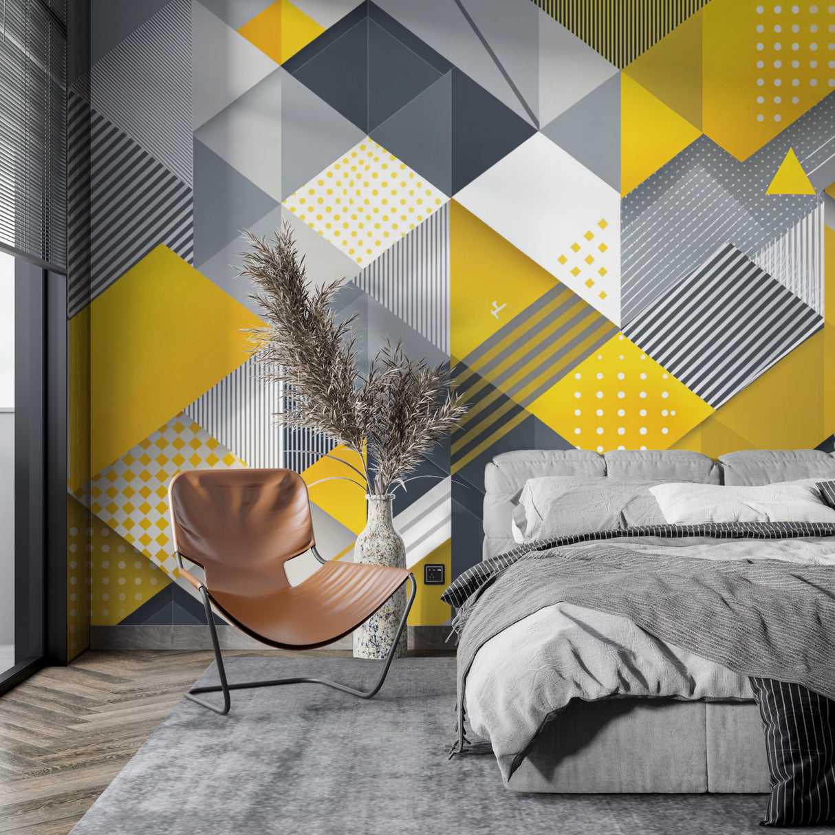 Yellow and Grey Geometric Mural brightening contemporary home office space