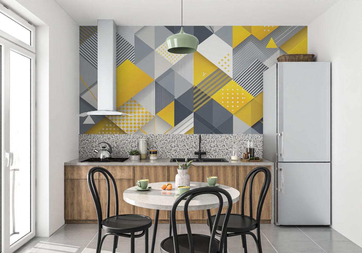 Geometric Pattern Wallpaper adding dynamic energy to modern dining room
