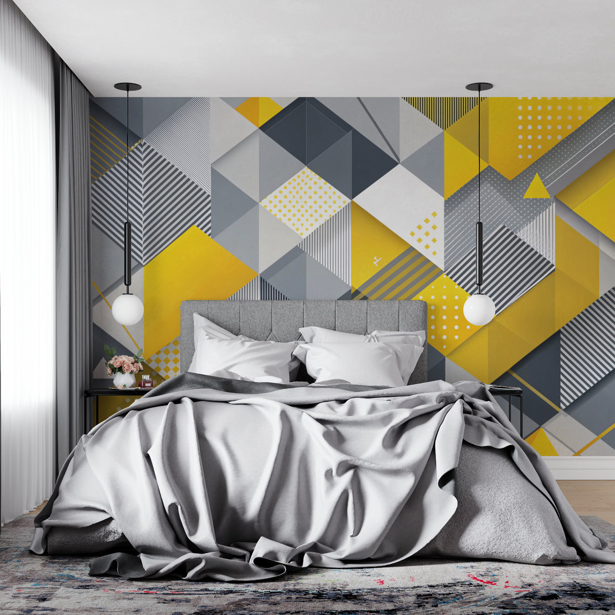 Abstract Geometric Wall Mural making statement in urban loft bedroom