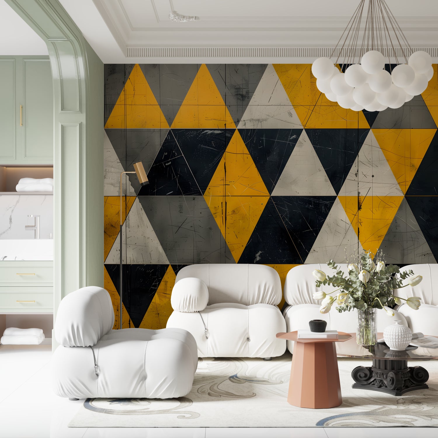 Modern geometric triangle wallpaper in yellow and black creating a bold statement in a minimalist living room