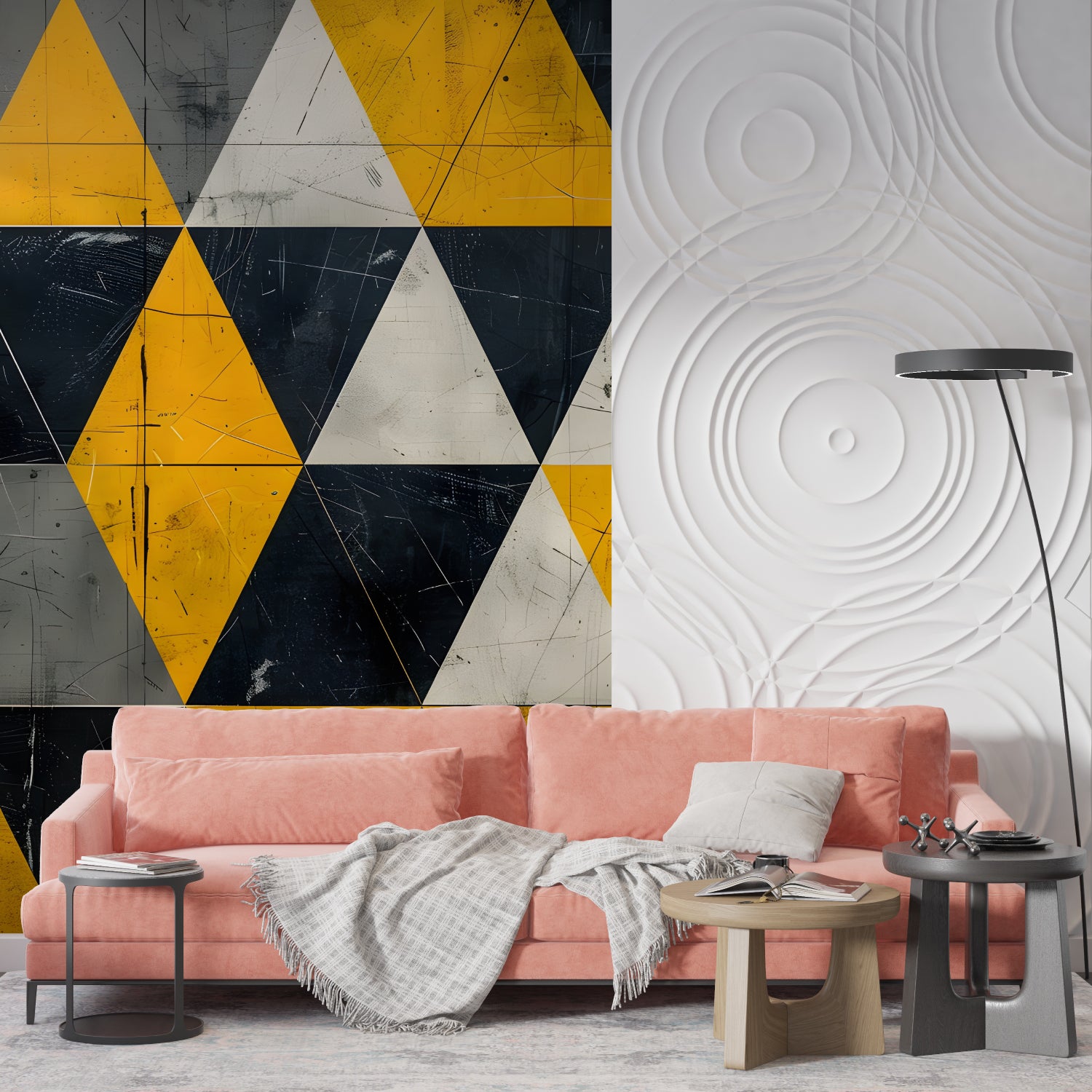Yellow and black geometric wallpaper adding depth to a contemporary home office setup