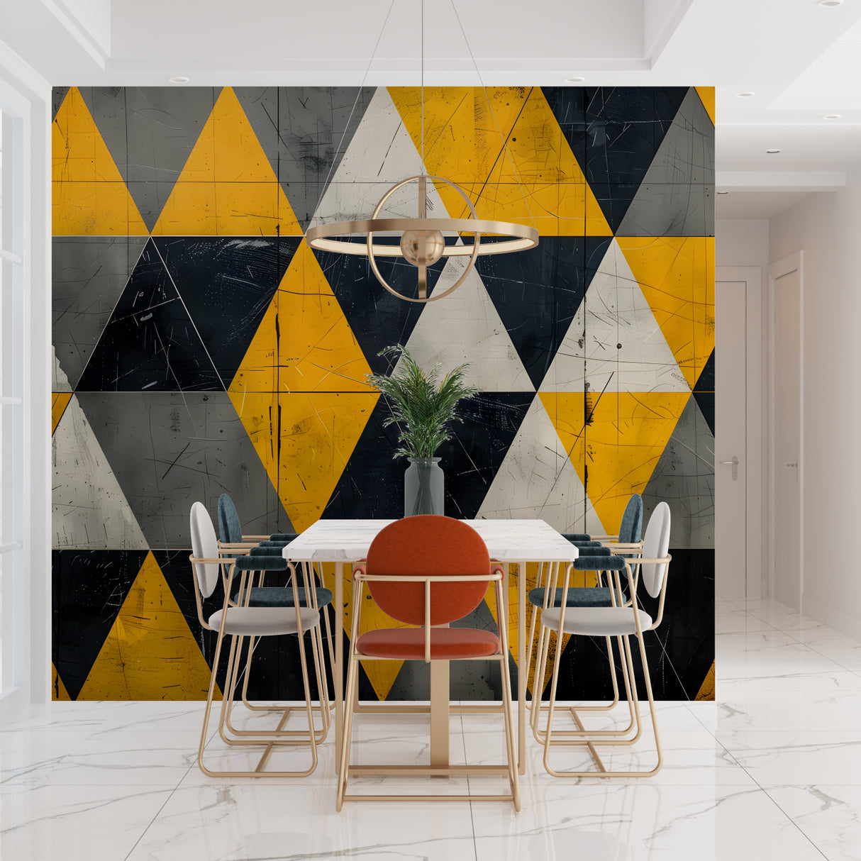 Triangle pattern wall mural bringing modern flair to an urban dining space