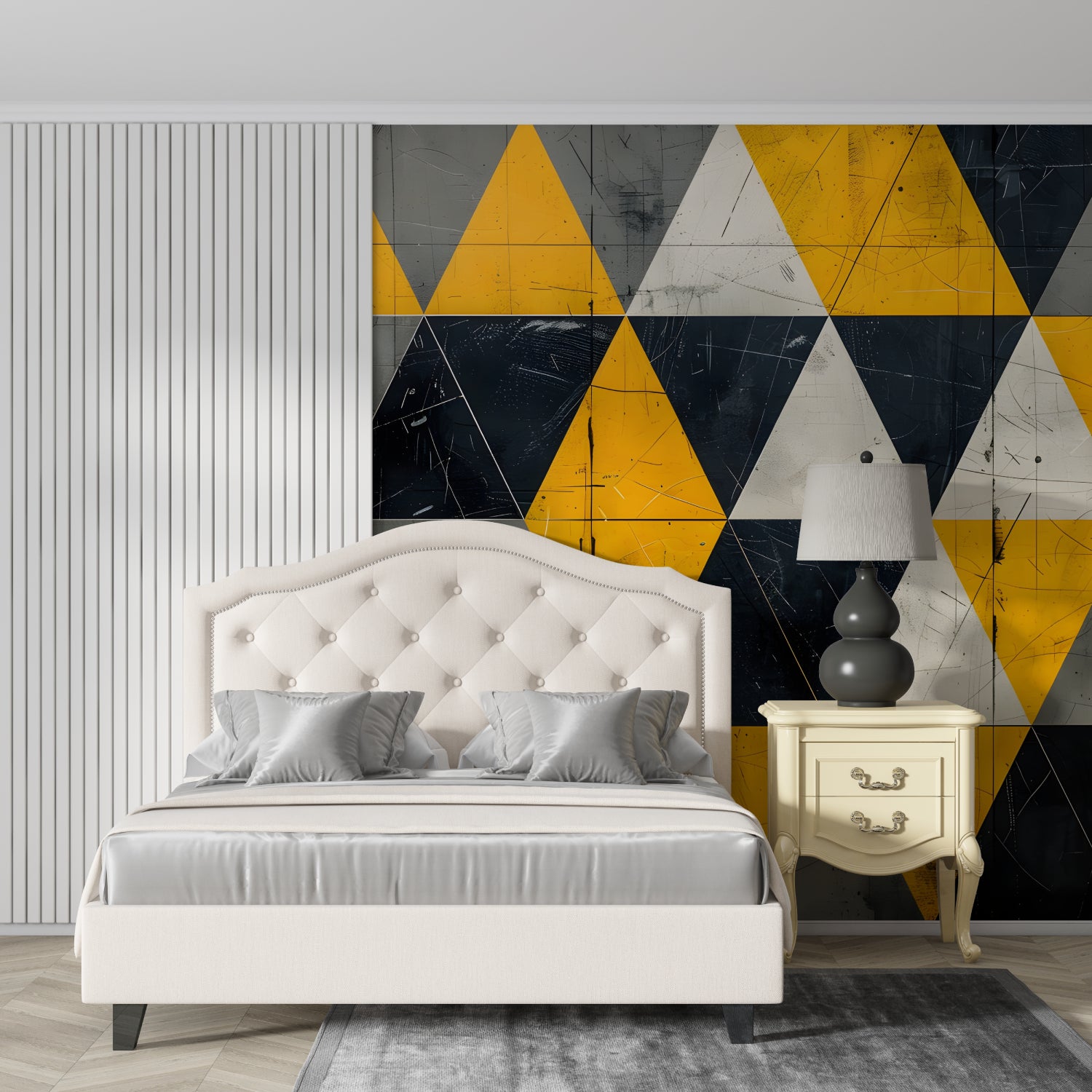 Geometric yellow and black wallpaper creating a stunning accent wall in a modern bedroom