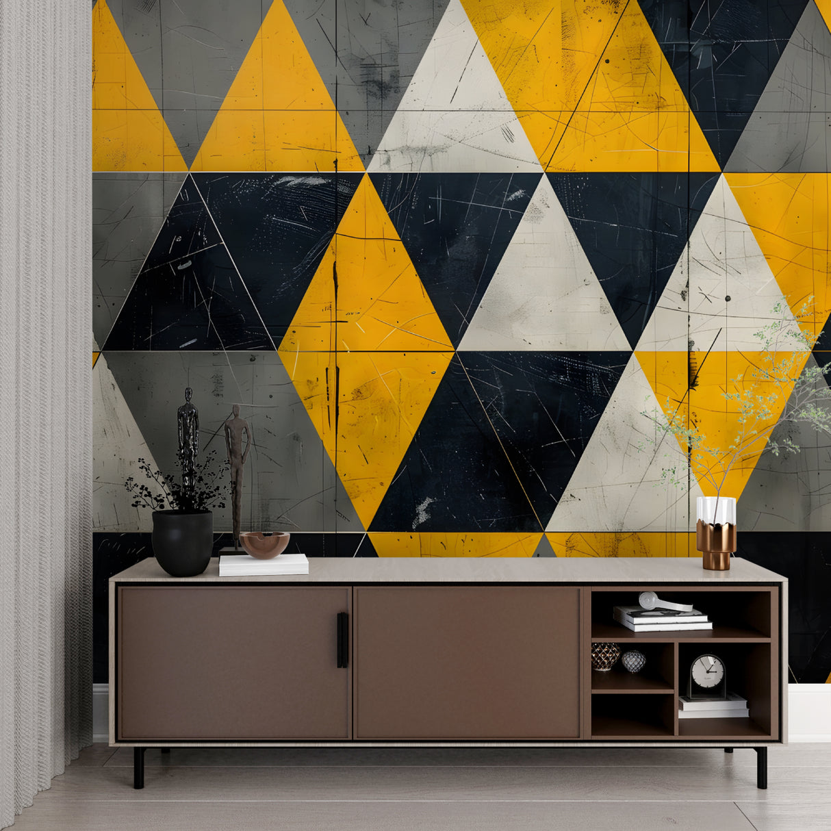 Abstract triangle wallpaper transforming a neutral hallway with bold geometric shapes