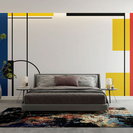 Modern geometric wallpaper in a bright living room, showing how Mondrian-style blocks create depth and visual interest