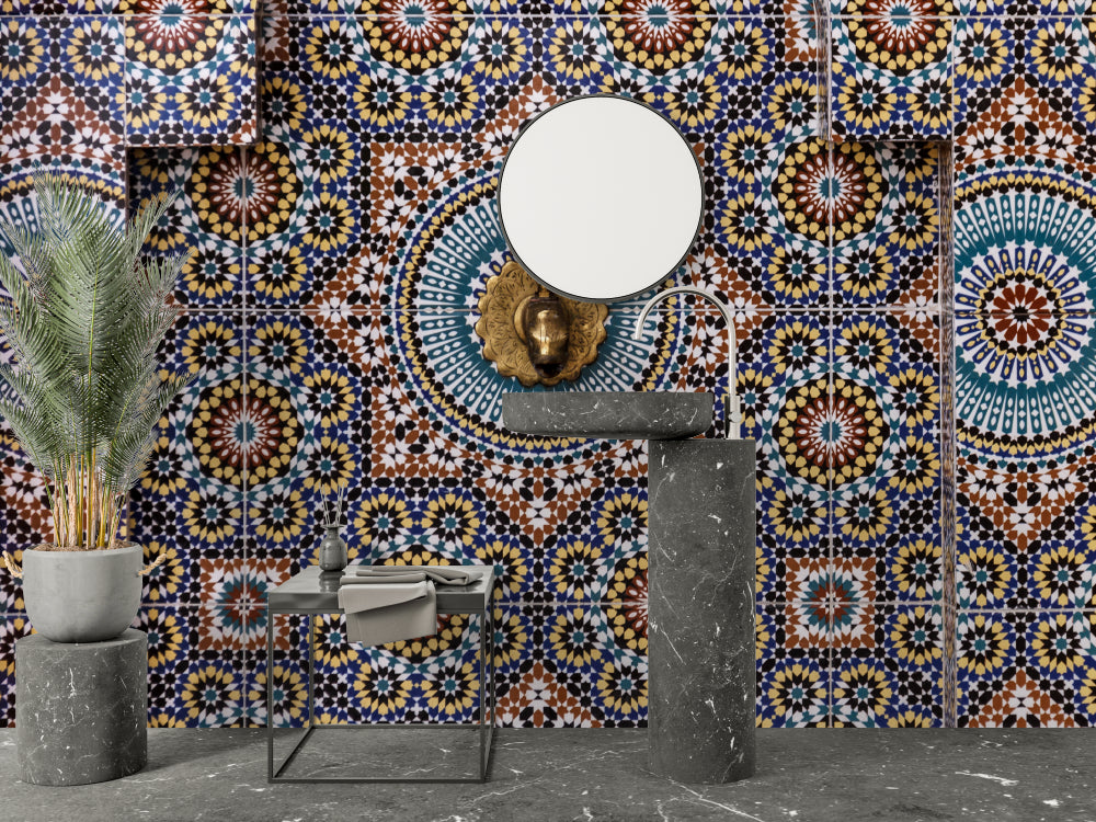Moroccan geometric mosaic wallpaper creating a stunning focal point in a modern living room with natural light