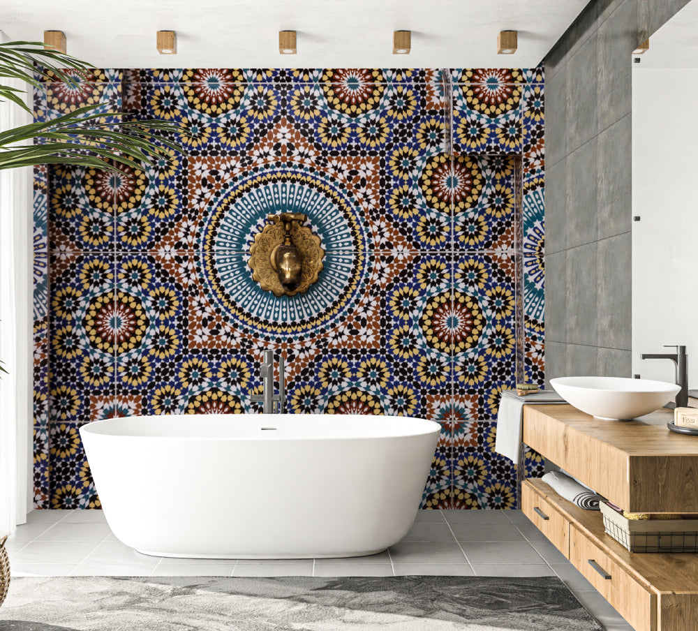 Moroccan mosaic wallpaper adding depth to a hallway with contemporary decor