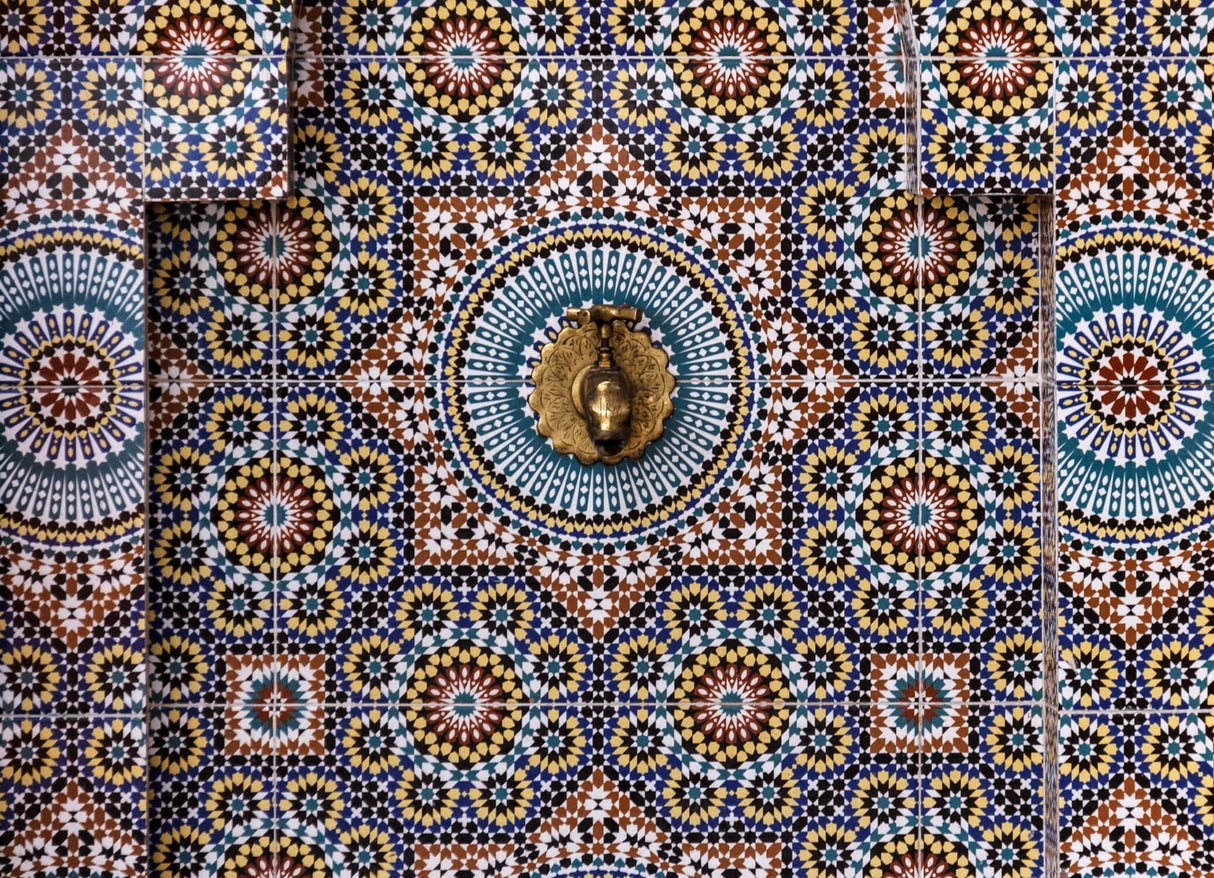 Design file showing intricate Moroccan mosaic pattern with detailed geometric shapes and rich color palette
