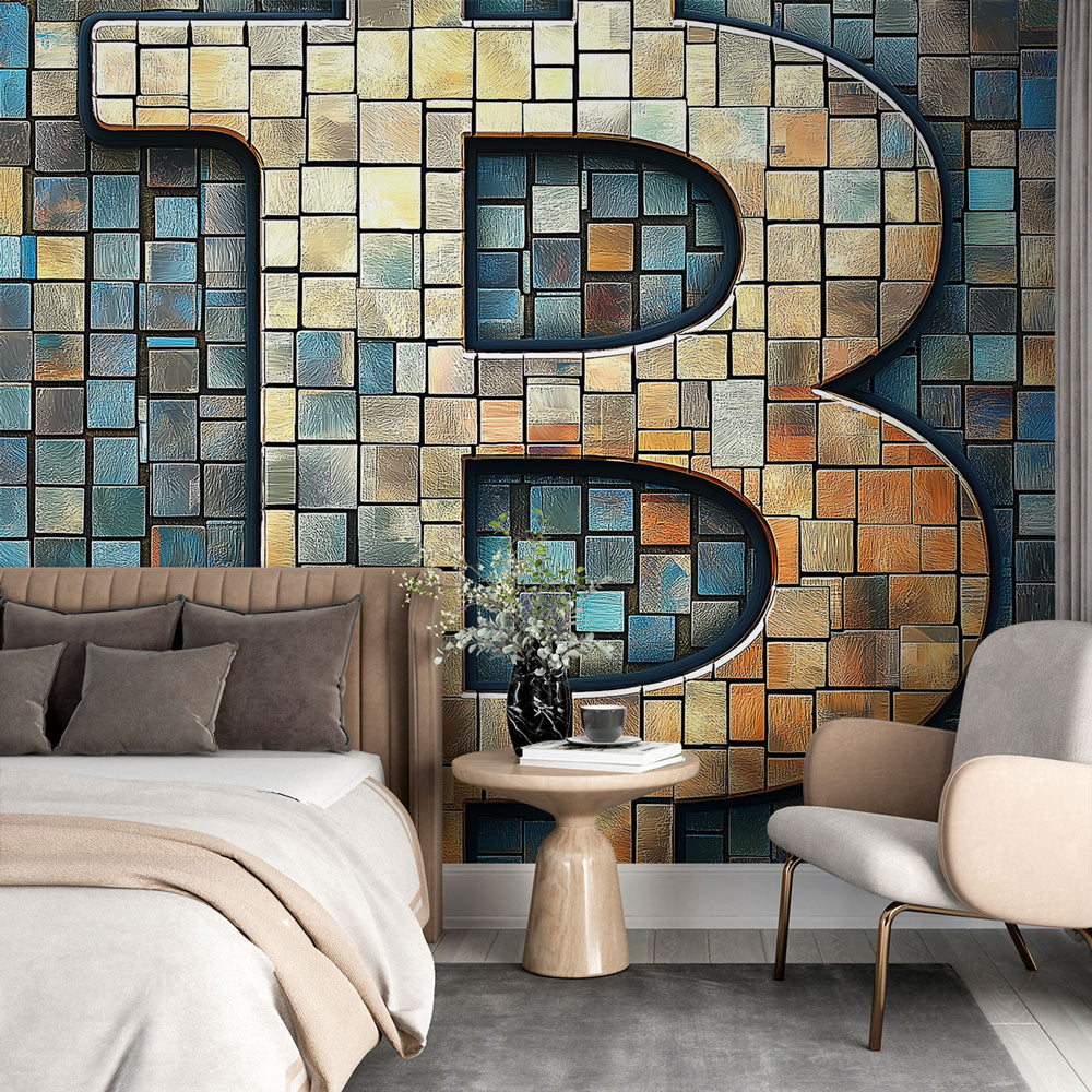 Modern geometric mosaic wallpaper with blue and gold tiles creating a stunning feature wall in a bright living room