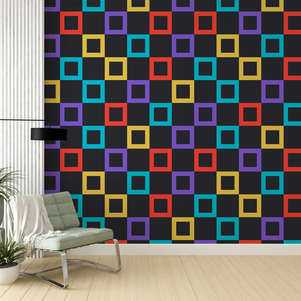 Modern geometric wallpaper with colorful squares displayed in a contemporary living room, creating a bold feature wall