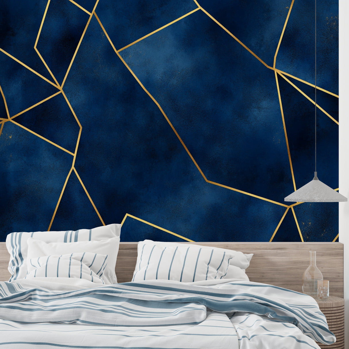 Navy blue and gold geometric pattern wall mural in luxury home office with minimal desk setup