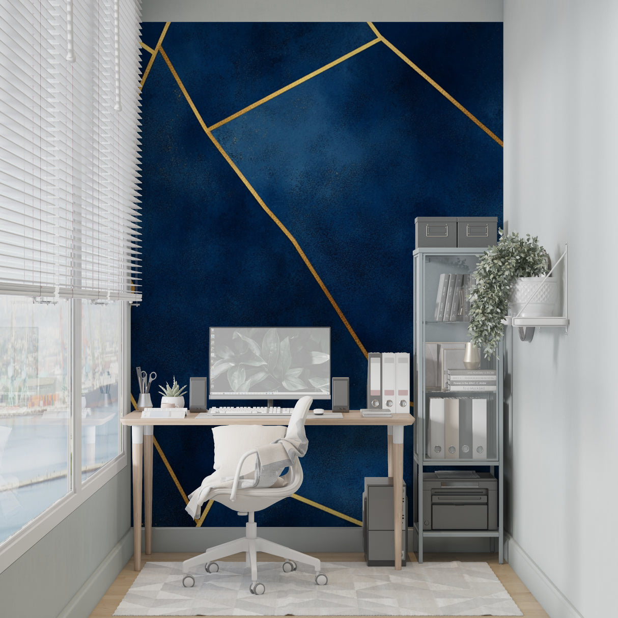 Contemporary geometric wall mural in master bedroom showing navy blue and metallic gold pattern