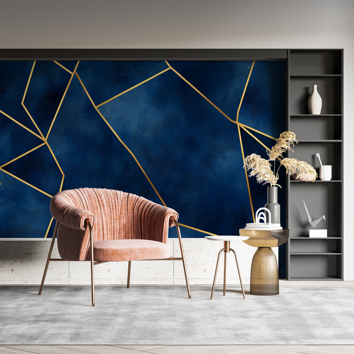 Navy and gold geometric wallpaper in hallway creating dramatic entrance effect