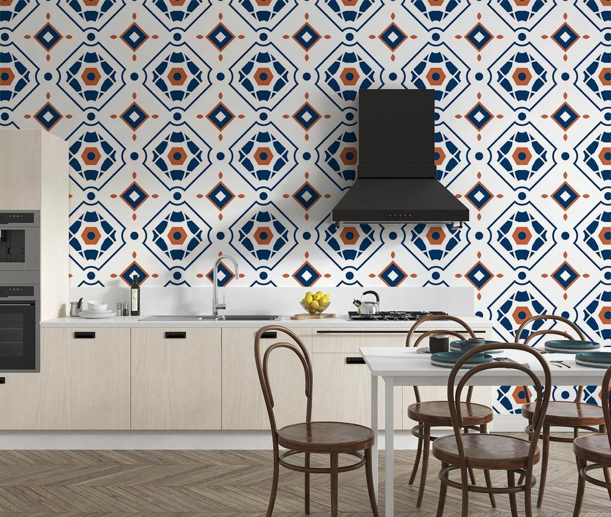 Geometric navy and terracotta wallpaper in modern living room with grey sofa showing pattern scale and room depth